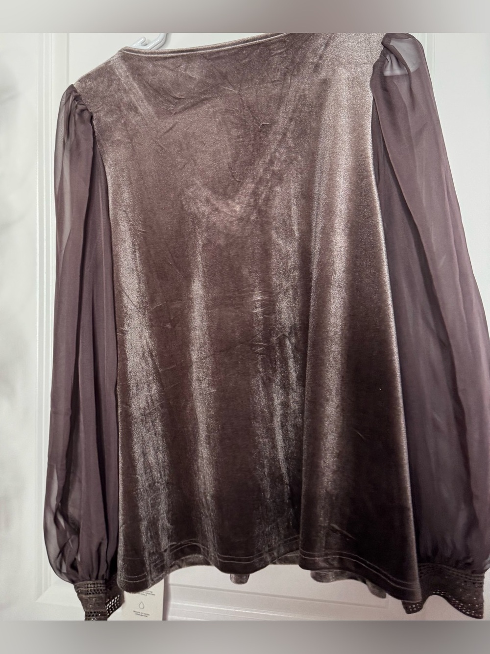 Velvet V-Neck Blouse Sheer Long Sleeves babydoll lace crochet  medium stretch - Picture 4 of 4